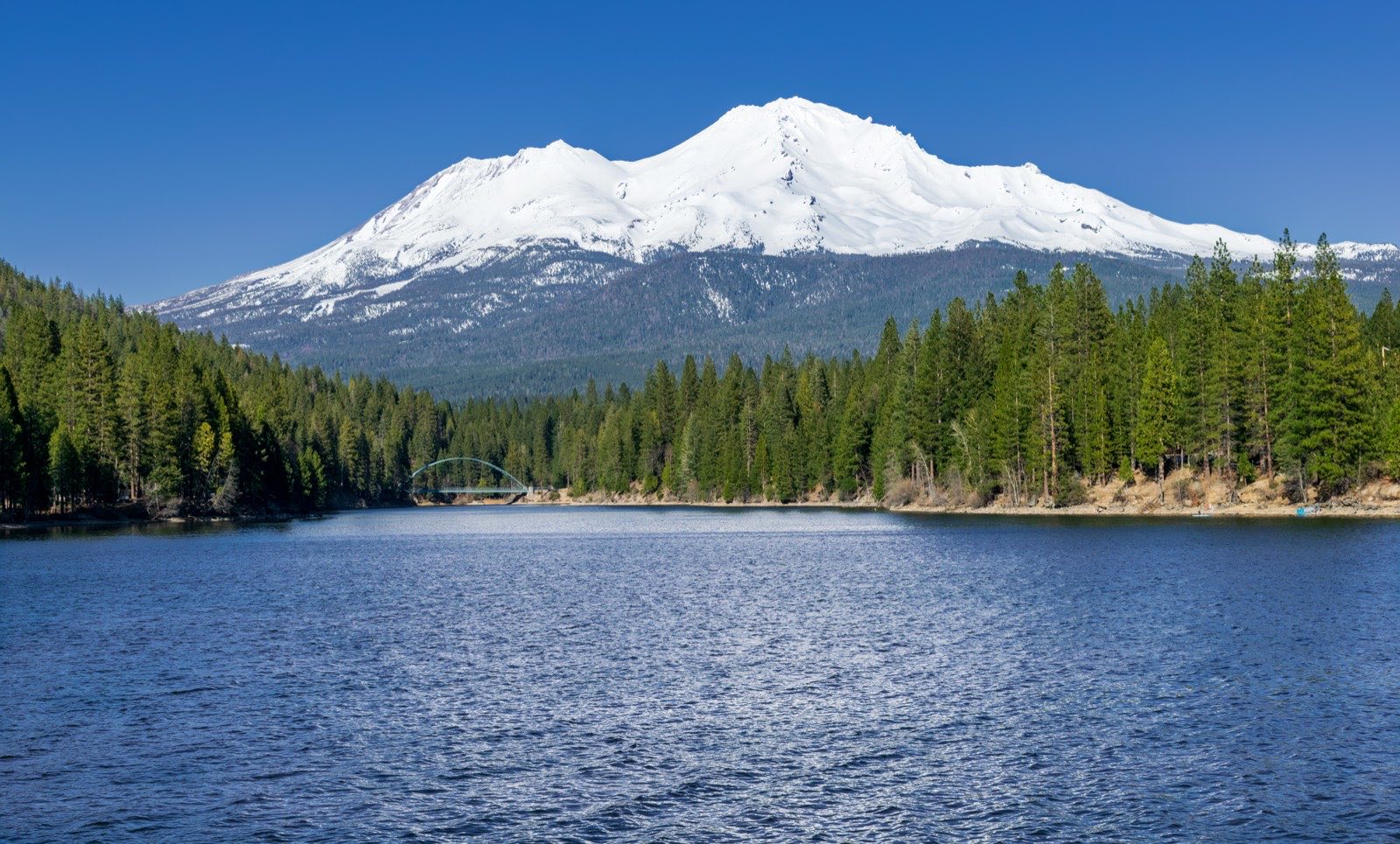 Snow-covered Mount Shasta rising above pine forest and the blue water of Lake Siskiyou, with the Wagon Creek arch footbridge visible at left